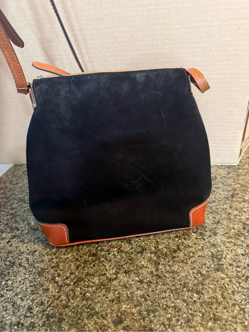 Dooney & Bourke Black Suede Messenger with Brown Leather Trim